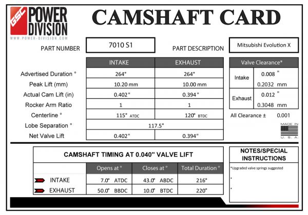 GSC Power-Division Billet S1 Camshafts Mitsubishi EVO X - Image 2